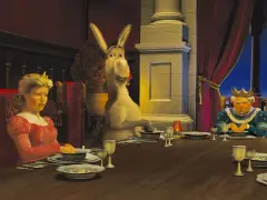 Królowa Fiona, Osioł i Król Harold siedzą przy stole. Scena z filmu DreamWorks.