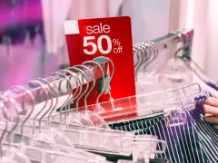 Czerwona metka "sale 50% off" na wieszakach. Czy to początek kompulsywnych zakupów?