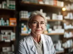 Uśmiechnięta farmaceutka w okularach, w białym fartuchu, wśród aptecznych półek. To ulga dla pracujących seniorów, którzy szukają tu wsparcia.