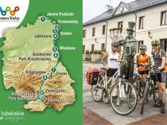Rodzina na rowerach przy pomniku. Mapa szlaku Green Velo z zaznaczonymi atrakcjami.