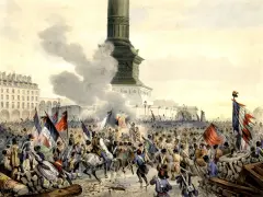 Foule en liesse devant la colonne, drapeaux tricolores flottant, une révolution en marche. On entendrait presque les discours enflammés de Ledru-Rollin.