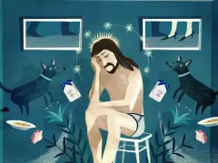 Smutny Jezus siedzi, otoczony przez psy i paczki cukru. Może to metafora trudności w życiu, jakby chciał wszystko "ulepszyć" jak w Ultimaker Cura po polsku.