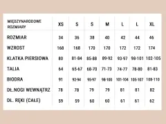 Tabela rozmiarów odzieży. Rozmiar 36 odpowiada międzynarodowemu S, wzrost 168 cm, obwód klatki 81-84 cm, talia 65-67 cm, biodra 92-94 cm.