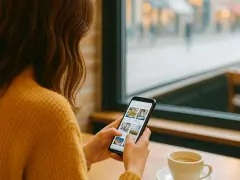 Kobieta w żółtym swetrze przegląda zdjęcia na telefonie, kontrolując zużycie danych komórkowych. Obok filiżanka kawy.