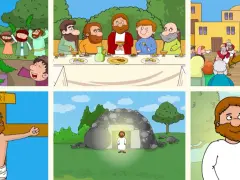 Bilder zeigen den Einzug in Jerusalem, das letzte Abendmahl, die Kreuzigung und die **Wiederauferstehung Jesu** aus dem Grab.
