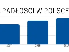 Wykres słupkowy pokazuje wzrost upadłości konsumenckich w Polsce od 2017 do 2019 roku. Co dalej?