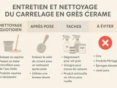 Guide d'entretien du carrelage : nettoyage quotidien, après pose, gestion des taches et produits à éviter pour prévenir toute rayure sur le carrelage.