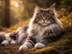 Majkun, majestatyczny kot rasy Maine Coon, odpoczywa w jesiennym lesie, otoczony złotym światłem.