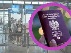 Paszport UE w dłoni, a w tle kolejka do kontroli granicznej. Czy do Wielkiej Brytanii trzeba mieć paszport? Sprawdź zasady wjazdu.