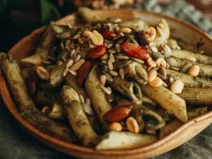Makaron penne z zielonym pesto, posypany pestkami dyni, słonecznika, migdałami i orzeszkami ziemnymi. Idealny na dietę braci rodzeń.