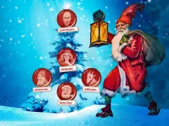 En julgran med porträtt av Sankt Nikolaus, Kinkenjes, Gårdstomten, Julbocken och Santa Claus. En tomte med lykta och säck. En visuell resa för att förstå var kommer tomten ifrån.