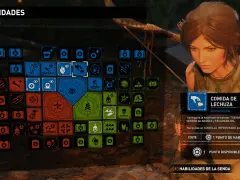 Menú de habilidades de "Shadow of the Tomb Raider", con Lara Croft al fondo. Se muestra la habilidad "Comida de Lechuza".