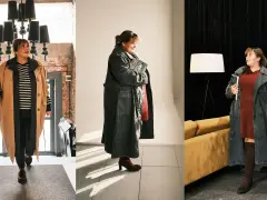 Kobieta w różnych stylizacjach plus-size: płaszcze, sukienka, sweter, spodnie.