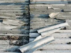 Zniszczone eternitowe pokrycie dachowe, z odpadającymi fragmentami i liśćmi. Kara za eternit jest nieunikniona.