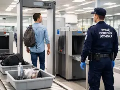 Kontrola bezpieczeństwa na lotnisku: mężczyzna z plecakiem przechodzi przez bramkę, a funkcjonariusz straży ochrony lotniska nadzoruje proces.