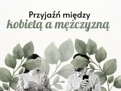 Piękna przyjaźń między kobietą a mężczyzną, symbolizowana przez uśmiechnięte twarze i telefony w dłoniach, otoczona liśćmi.