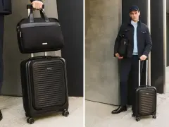 Elegancki mężczyzna z torbą podróżną i walizką. Wymiary dużej walizki są idealne na weekendowy wyjazd.
