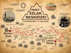 Mapa turystyczna "Mały Szlak Beskidzki" z zaznaczonymi trasami, miejscowościami i atrakcjami w Beskidach.