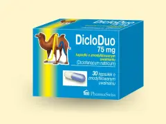 Opakowanie DicloDuo 75 mg z wielbłądem, na ból zęba. 30 kapsułek o zmodyfikowanym uwalnianiu.