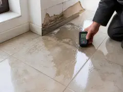 Un professionnel utilise un humidimètre pour diagnostiquer un carrelage qui se décolle à cause de l'humidité, révélant des dégâts importants.