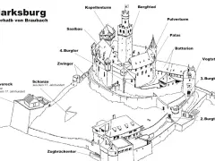 Zeichnung der Marksburg, die zeigt, wann das Mittelalter war, mit Bergfried, Palas und Zugbrückentor.