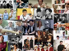 Collage di scene da film che fanno ridere: comici classici, attori in situazioni buffe e momenti memorabili di commedie.