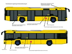 Żółty autobus z oznaczeniami: ZTM, logo operatora, logo Metropolii i numer boczny pojazdu.