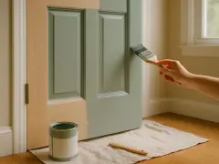 Malowanie drzwi pędzlem na zielono. Puszka z farbą i narzędzia na płachcie.