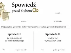 Dokument "Spowiedź przed ślubem" zawiera miejsce na dane penitenta, pieczątkę, numer protokołu oraz dwie sekcje na spowiedź I i II, wraz z datami i podpisami spowiednika.