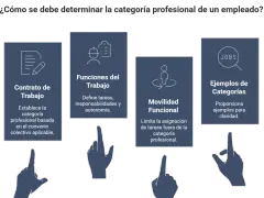 Diagrama sobre cómo determinar la categoría profesional de un empleado, cubriendo contrato, funciones, movilidad y ejemplos.