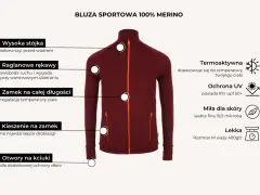 Bordowa bluza sportowa 100% merino z wysoką stójką, zamkiem na całej długości, kieszeniami i otworami na kciuki. Idealna bluza w góry.