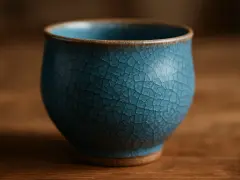 En vacker blå keramikmugg med ett sprucket mönster, perfekt för att njuta av en kopp te hemma.