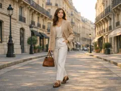 Mujer con estilo old money verano, paseando por una calle parisina con un traje beige y bolso marrón.