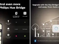 En iPhone-skärm visar Philips Hue-appen med ljuskontroller. Till höger visas en illustration av ett hus med en Hue Bridge som styr lampor i hela hemmet, även fjärrstyrt.