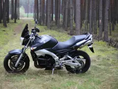 Suzuki GSR 600 dane techniczne: czarny motocykl stoi na leśnej ścieżce, otoczony sosnami.