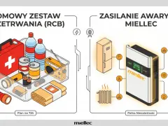 Zestaw przetrwania na wypadek blackout w Polsce: apteczka, woda, jedzenie, radio, latarki. Zasilanie awaryjne Miellec zapewnia prąd do lodówki, ogrzewania, kuchenki i oświetlenia.