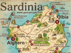 Mapa turystyczna Sardynii, pokazująca gdzie leży ta włoska wyspa, z zaznaczonymi atrakcjami jak Alghero, Olbia i Porto Cervo.