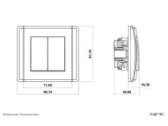 Rysunek techniczny przedstawia łącznik dwubiegunowy z dwoma klawiszami, z wymiarami 90,10 x 81,10 mm.