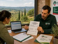 Uomo e donna analizzano calcolo disoccupazione agricola. Offerte lavoro stagione invernale per lavoratori agricoli.