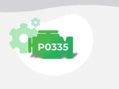Green engine icon with "P0335" text, symbolizing a diagnostic trouble code. Gears suggest mechanical issues.