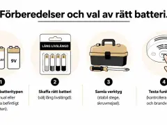 Steg för att byta batteri i brandlarmet: identifiera batterityp, skaffa rätt batteri, samla verktyg och testa funktionen så att brandlarmet inte piper i onödan.