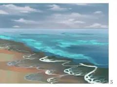 Secuencia de imágenes que muestran cómo dibujar agua, desde un boceto inicial hasta olas detalladas rompiendo en la playa.