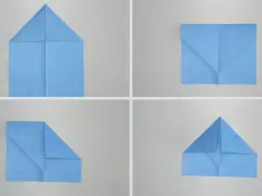 Schritt-für-Schritt-Anleitung zum Papierflieger basteln: Vier Ansichten zeigen, wie aus blauem Papier ein Flugzeug entsteht.