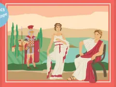 Illustration de la Rome antique avec un soldat, une femme et un homme assis.