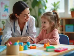 Uśmiechnięta terapeutka pedagogiczna z dzieckiem przy biurku, pełnym kolorowych materiałów do zabawy i nauki.