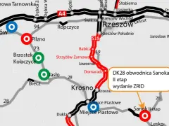 Mapa drogowa z zaznaczonymi miastami: Rzeszów, Krosno, Sanok, Jasło, Pilzno, Tarnów, Brzesko, Nowy Sącz, Przemyśl. Trasa S19 i A4.