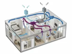 Schema che illustra vmc come funziona: aria fresca immessa (blu) e aria viziata estratta (viola) in un appartamento, con unità centralizzata.