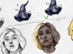 Szkice postaci i kapeluszy czarownic, pokazujące proces tworzenia w digital painting. Kurs artystyczny.