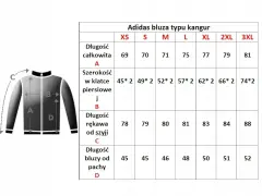 Tabela rozmiarów bluzy Adidas. XXL jaki to rozmiar? Sprawdź wymiary: długość całkowita 81 cm, szerokość w klatce 74*2 cm, długość rękawa 88 cm, długość bluzy od pachy 52 cm.