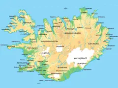 Mapa Islandii z zaznaczonymi miastami jak Reykjavík. Czy na Islandię trzeba mieć paszport? Tak, dla większości podróżnych.